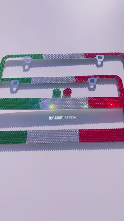 Video of Sparkling Green, White and Red Rhinestones on the Italian Flag Design Crystal Bling License Plate Frame with Matching Icy Screw Caps