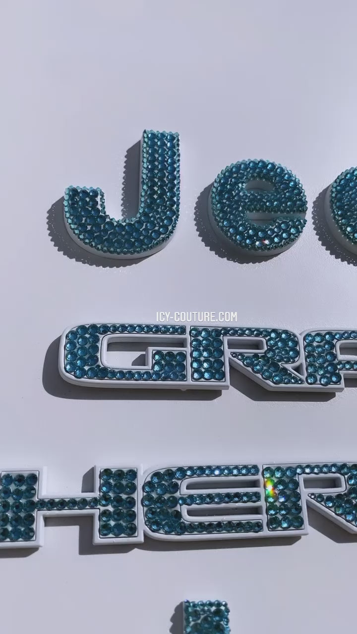 Video of Bling Grand Cherokee 4x4 Emblems Set Bedazzled with Light Turquoise Swarovski Crystals