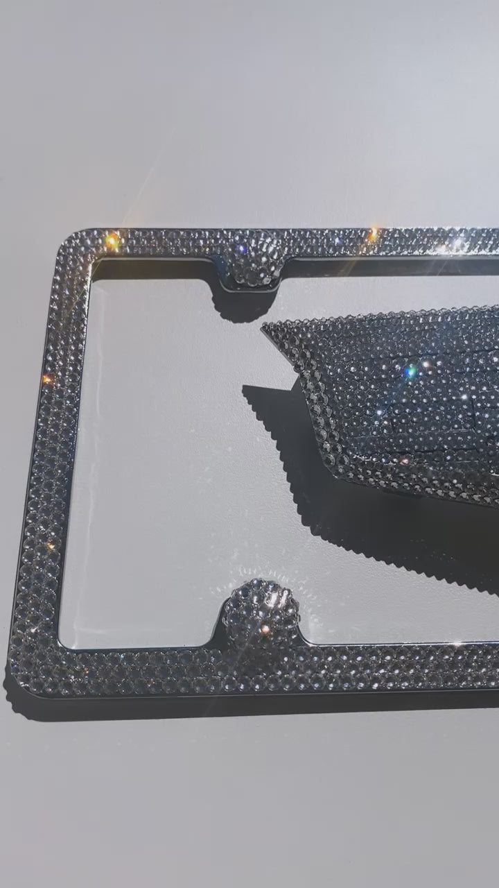 Stunning video of super sparkling Diamond Clear Cadillac Emblem with Matching 3 Row 4 Screw Holes Swarovski Crystals License Plate Bedazzled by ICY Couture