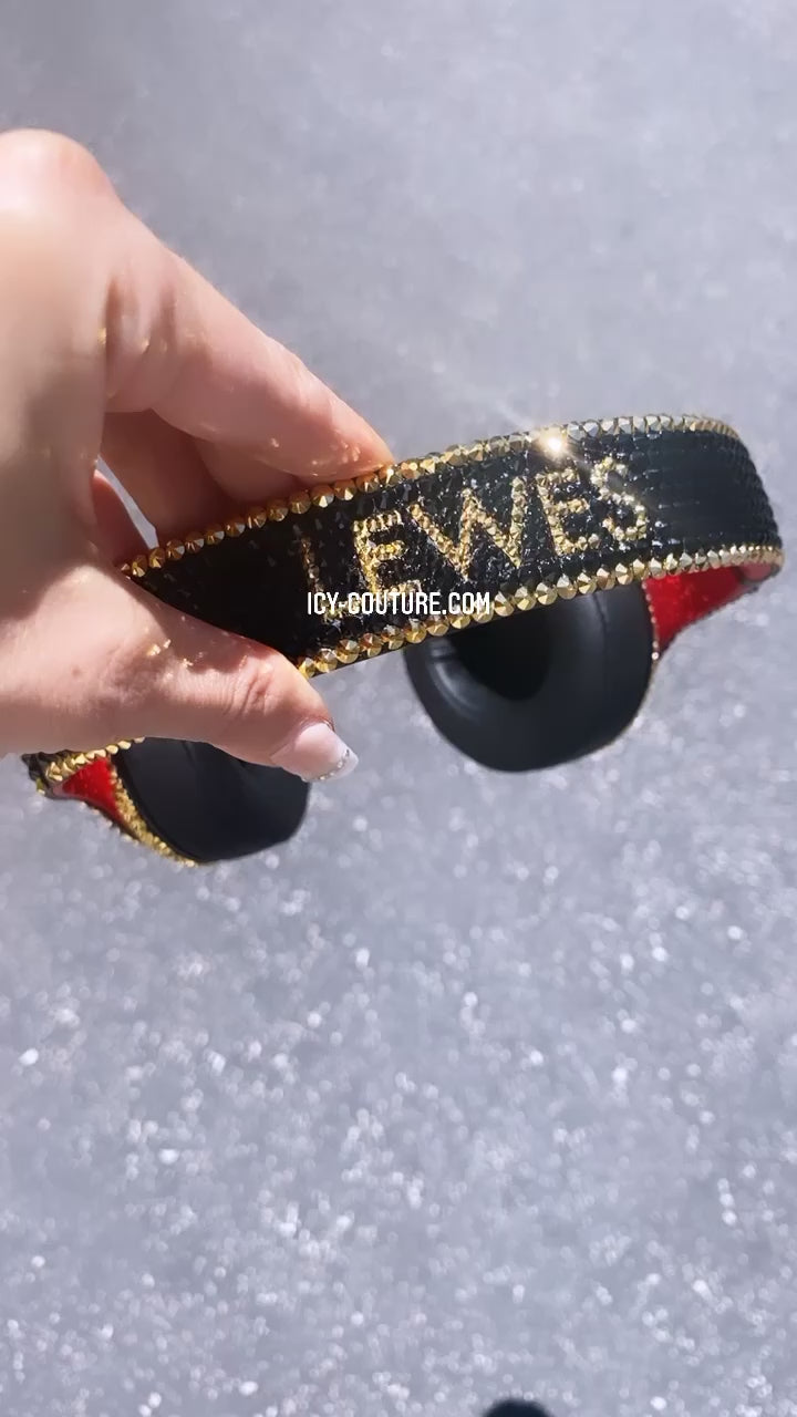 Watch Video of sparkling Jet Black with Gold Bedazzled Bling Studio Beats Headphones custom crystallized with Swarovski Crystals by ICY Couture