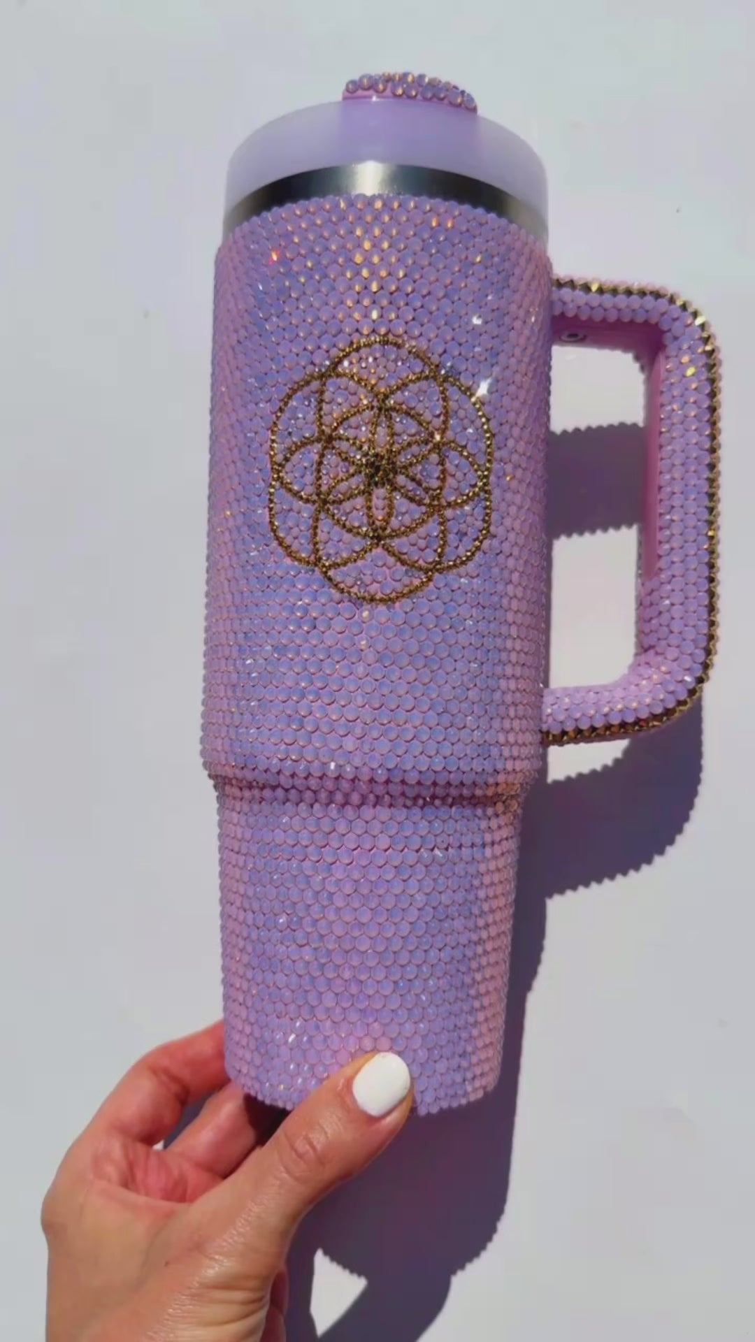 Video of Custom Mandala Tumbler Cup Crystallized with Pink Opal Rhinestones and 24K Gold Aurum Swarovski Crystals by ICY Couture