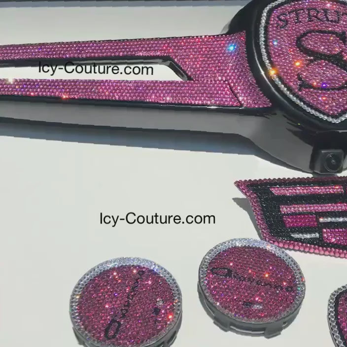 Watch the Mesmerizing Video of Sparkling Pink Swarovski Crystals Strut Grille, Matching Bling Cadillac Emblems Set and  Crystal Giovanna Rim Caps, Custom Crystallized by ICY Couture.