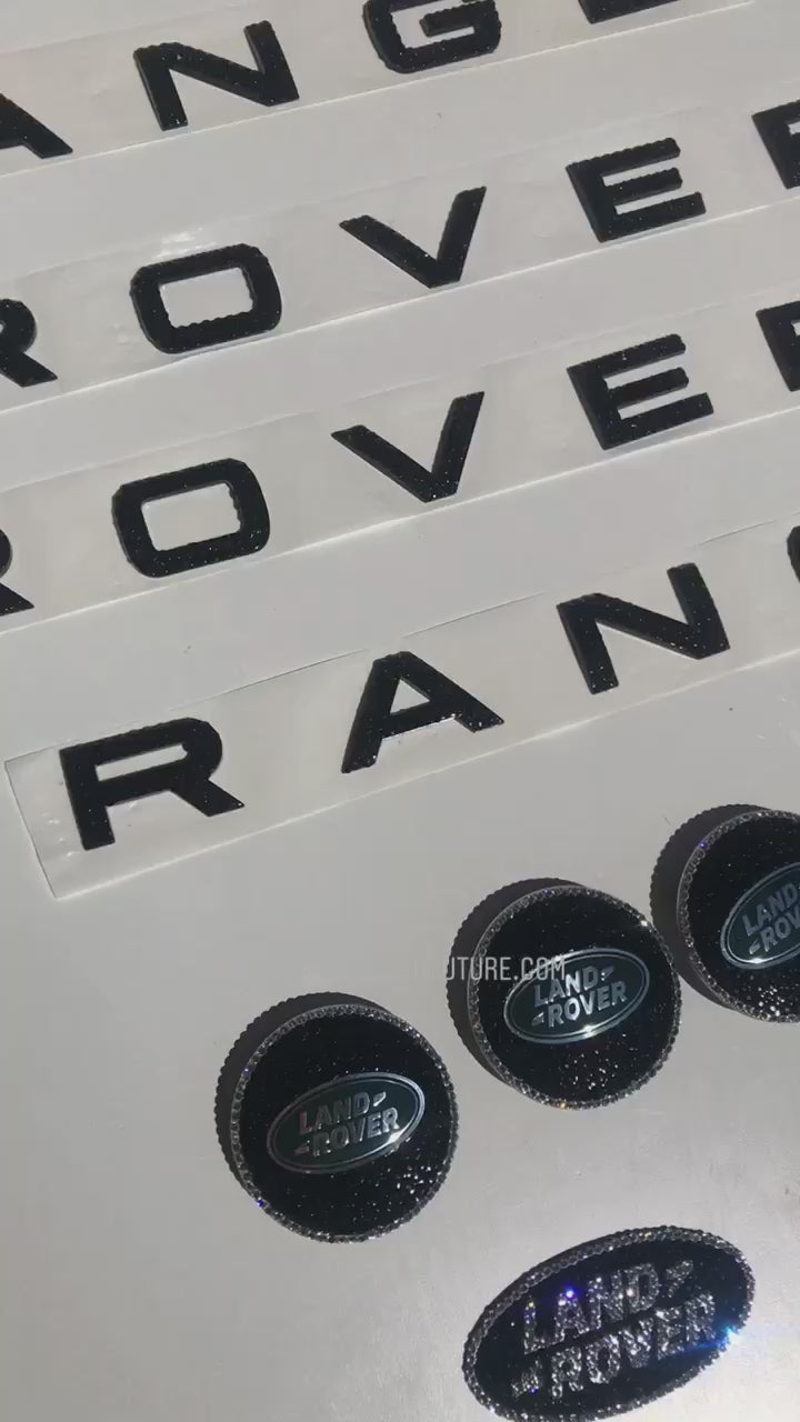 Watch Video of Fabulous Blacked out Crystal Range Rover Letters Set with Matching Black Bling Center Wheel Rim Caps, Replacement Land Rover Emblems and Matching Crystal License Plate Frame, Crystallized by ICY Couture.