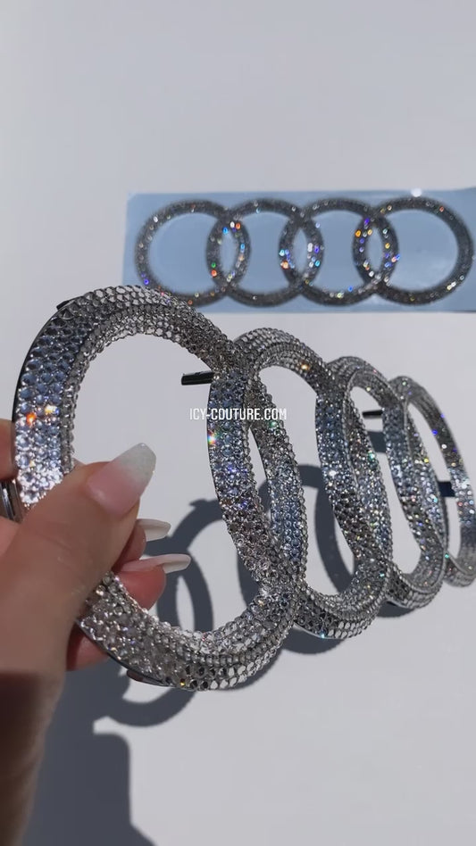 Watch Video of Diamond Clear Audi Grille and Trunk Replacement Bling Emblems Crystallized by ICY Couture.