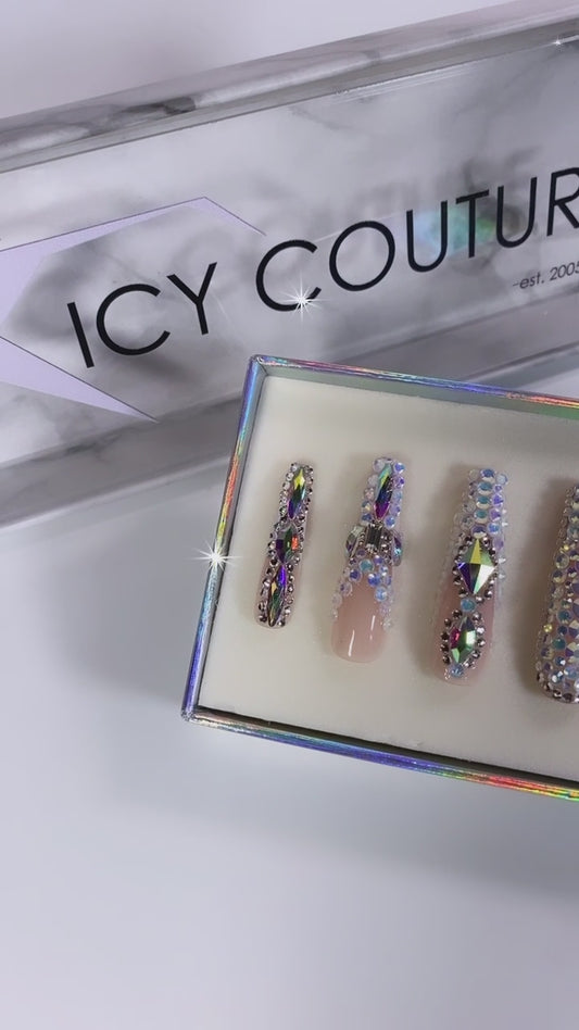 "Ice Queen" Crystallized  Reusable Press-On Nails: XXL Coffin.