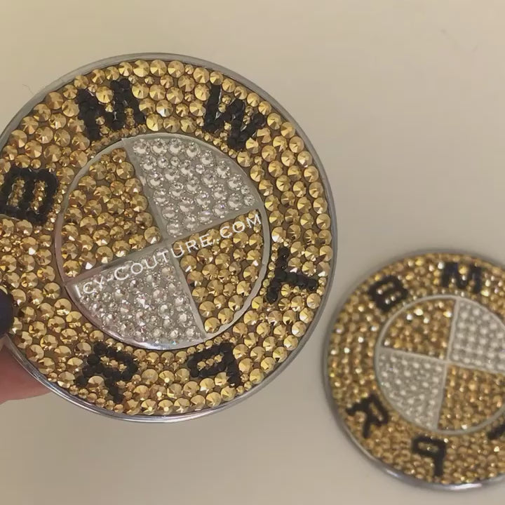 24K Gold with Jet Black Swarovski Crystals Custom Colors Replacement BMW Emblems, Crystallized by ICY Couture.
