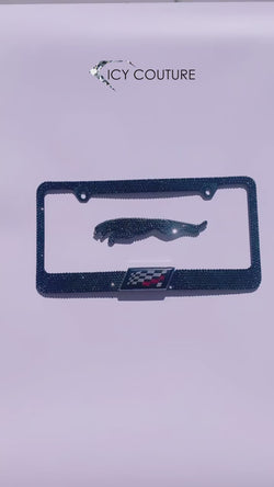 Bedazzled Jaguar Emblem with Matching License Plate Frame in Jet Hematite Austrian Crystals by ICY Couture.,