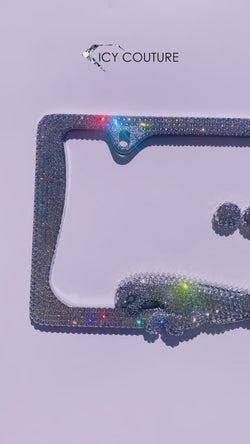 Video of super sparkling "Running Jaguar" Diamond Clear Rhinestone Bling License Plate Frame Bedazzled with Premium Glass Rhinestones by ICY Couture