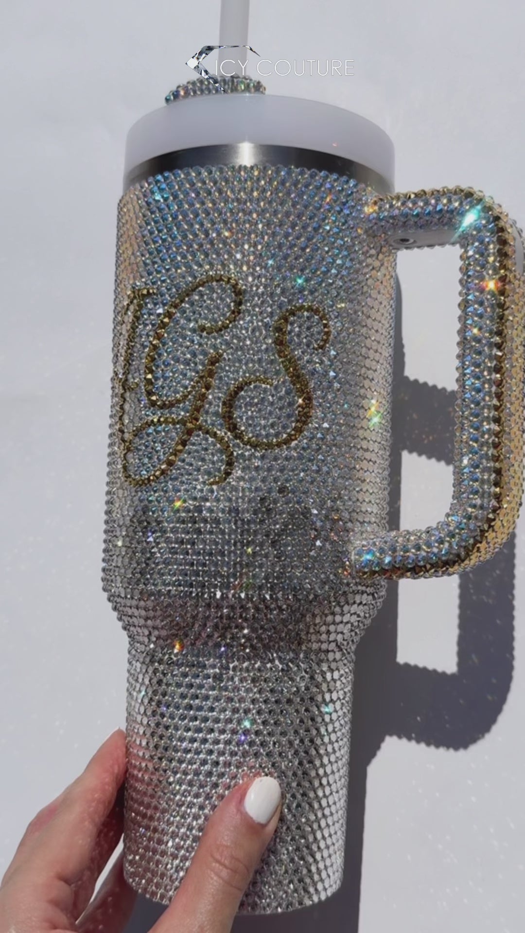 Video of Custom Tumbler with Crystallized Monogram Initials Bridal Cup Crystallized with Swarovski Crystals in Off-White Ombre Fading Effect.