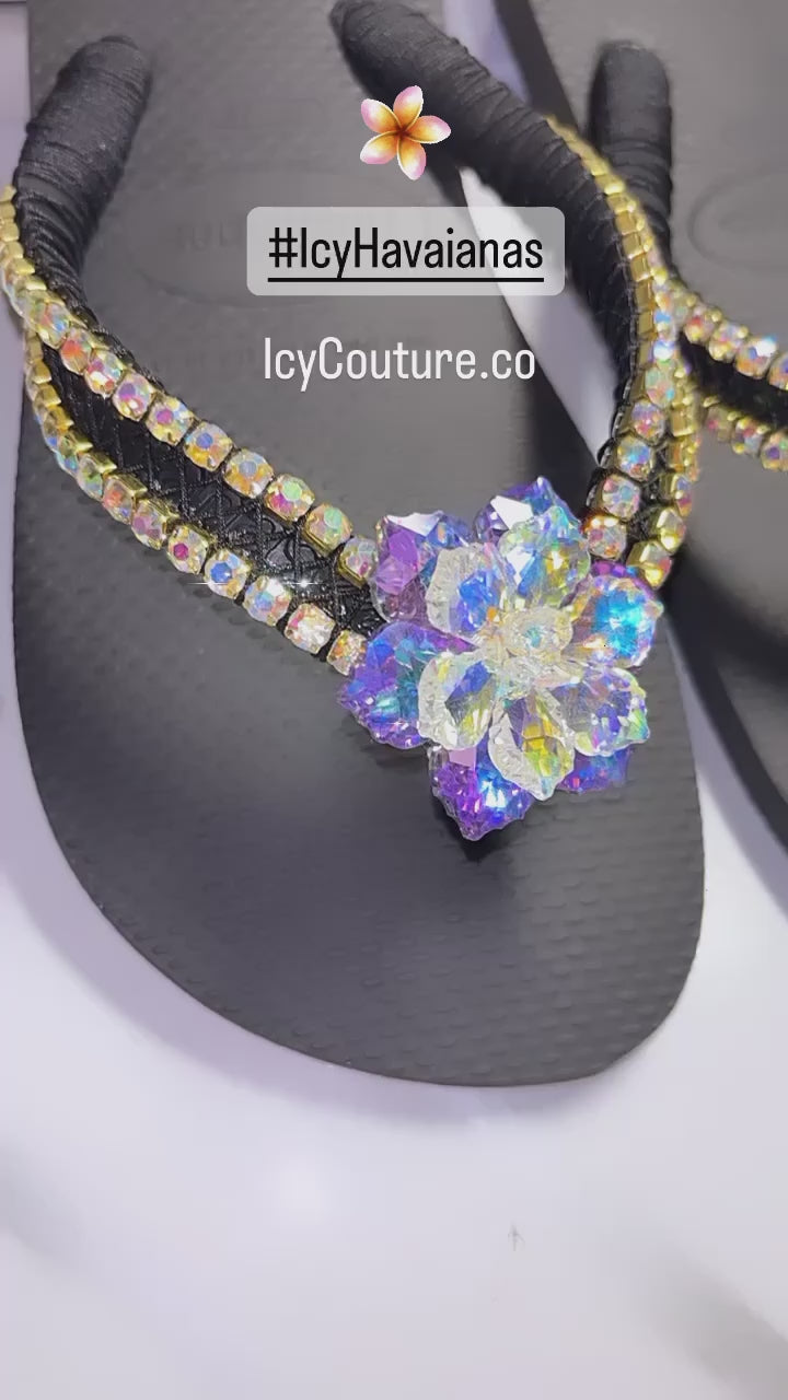 video of sparkling XL Crystal Bling Flower with matching iridescent rhinestone chain.