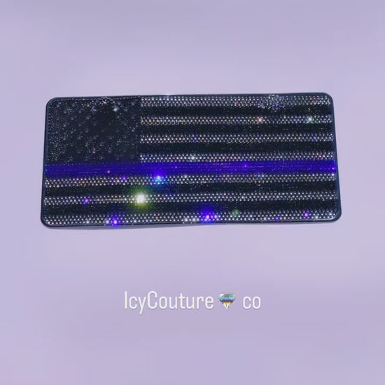 American Flag with Black Diamond, Jet Black, Cobalt Blue Line and 3D Bling Stars, Crystallized by ICY Couture.