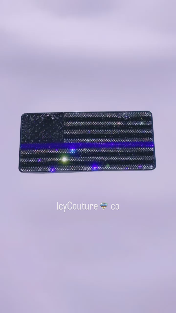 American Flag with Black Diamond, Jet Black, Cobalt Blue Line and 3D Bling Stars, Crystallized by ICY Couture.
