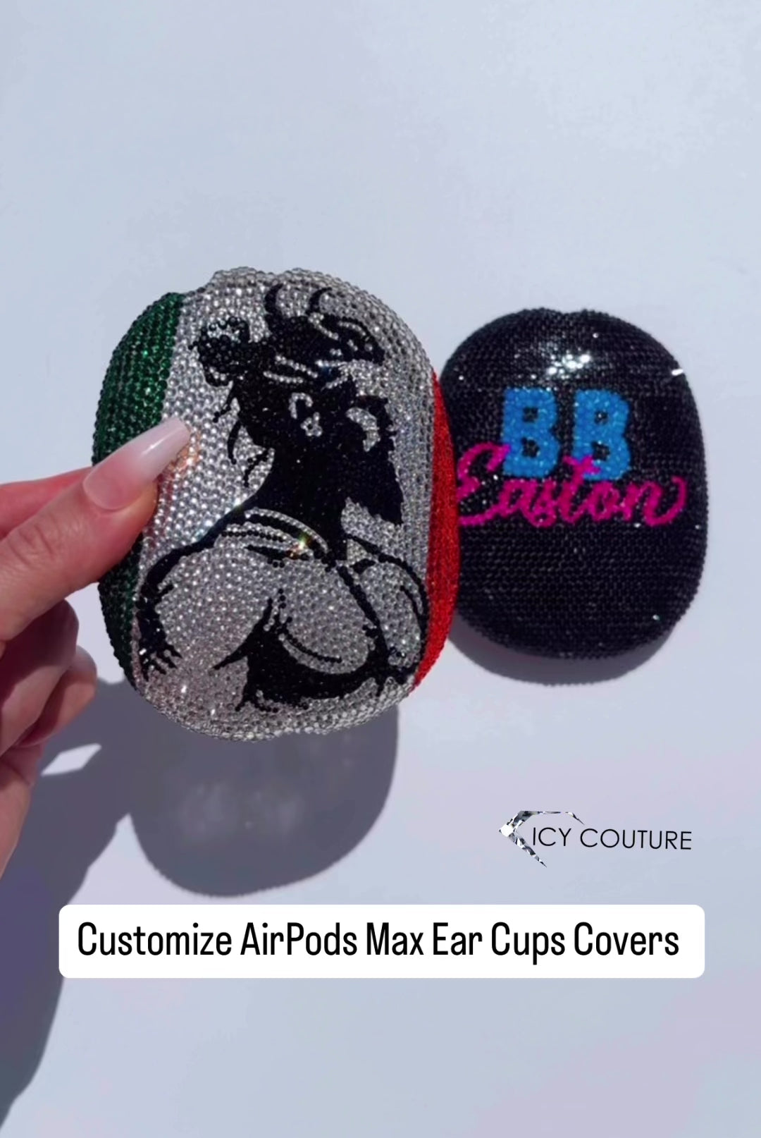 customize your airpods max with swarovski crystals or glass rhinestones - add your name, initials or logo -bedazzled by ICY Couture