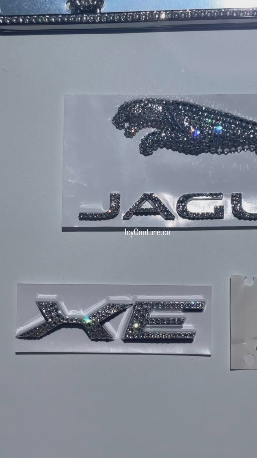 Diamond Clear Jaguar XE 20d AWD Emblems Set with Matching Sparkling 3D Jaguar Logo License Plate and Slim Rim Bling License Plate Frame