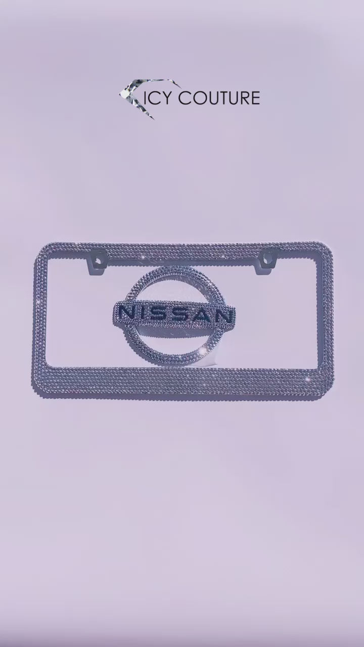 Crystal Nissan Emblem Crystallized with Chrome Rhinestones and Matching Bling License Plate Frame by ICY Couture