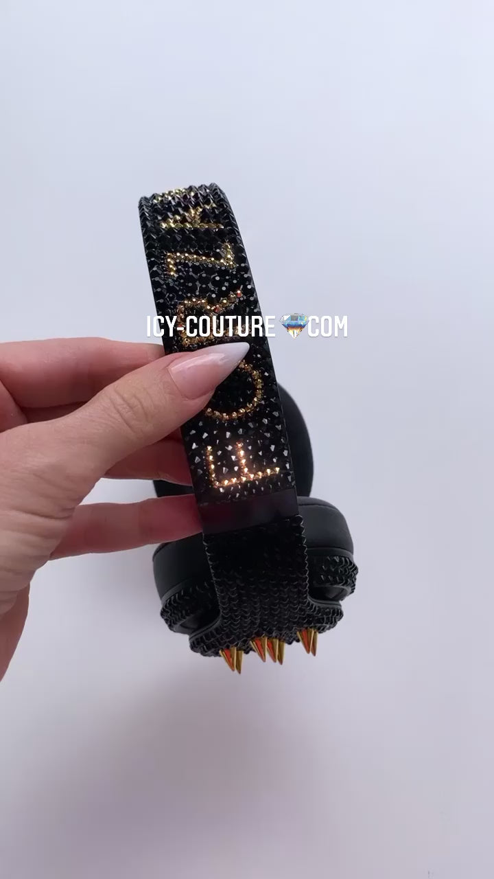 Watch video of customized Jet Black Beats Studio 3 Wireless Headphone, Crystallized by ICY Couture with Swarovski Crystals and Gold Spikes. 