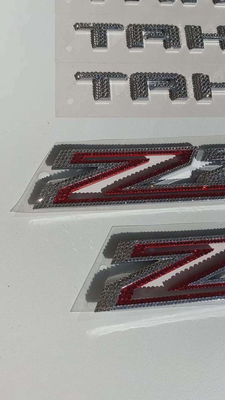 Video of Chevy Tahoe Bling Emblems set, Custom Crystallized with Swarovski Crystals by ICY Couture: Diamond Clear Bow Tie emblems, Tahoe letters, Z71 fender emblems