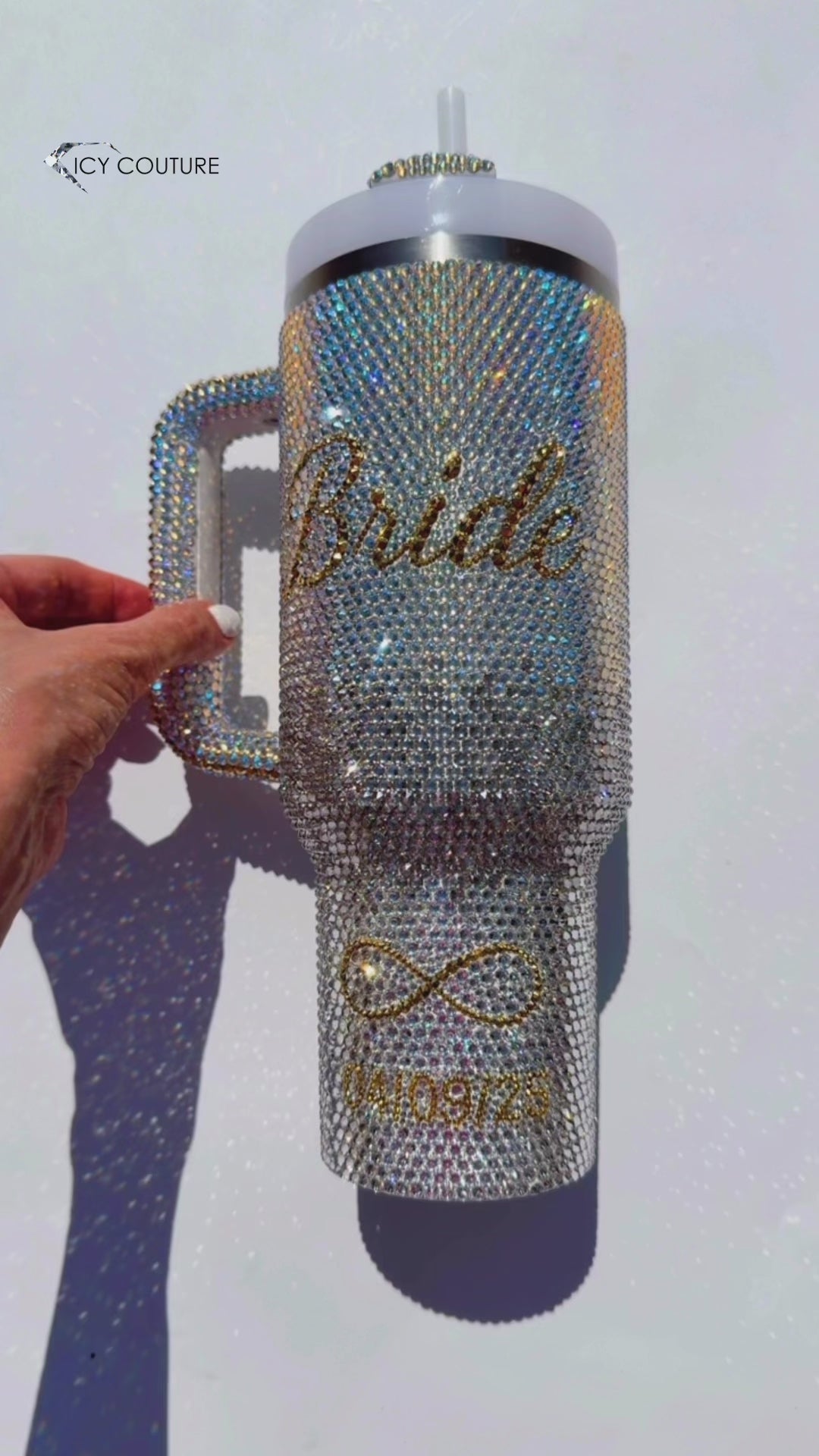 Swarovski Bridal Tumbler Cup Crystallized in Ombre Effect with Bride written in 24K Gold Aurum, infinity symbol and wedding date - luxury custom gifts by ICY Couture