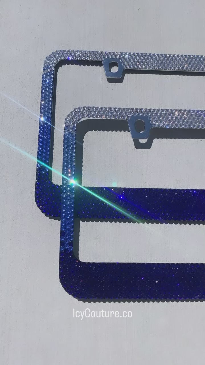 Video of Blue Ombre ICY Couture Bling License Plate Frames Bedazzled with Swarovski Crystals