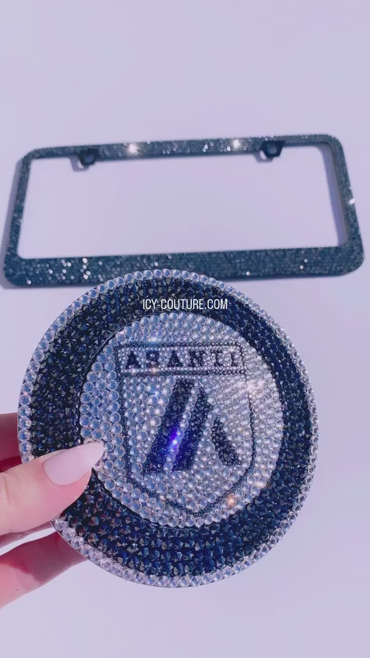 Video of Diamond Clear and Jet Hematite Asanti Horn Button Crystallized by ICY Couture with Matching Black Bling License Plate Frame
