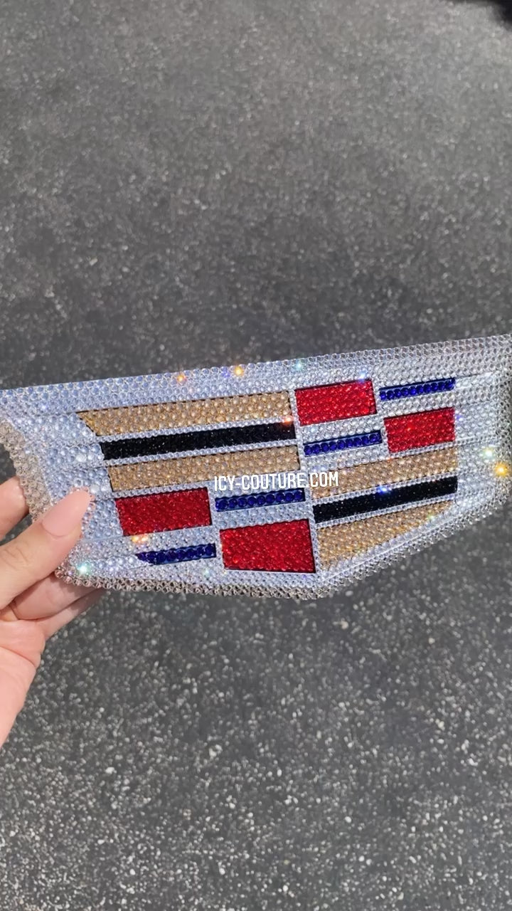 Watch video of stretched out grille Bling Cadillac Emblem Custom Crystallized in Classic Colors with Swarovski Crystals by ICY Couture