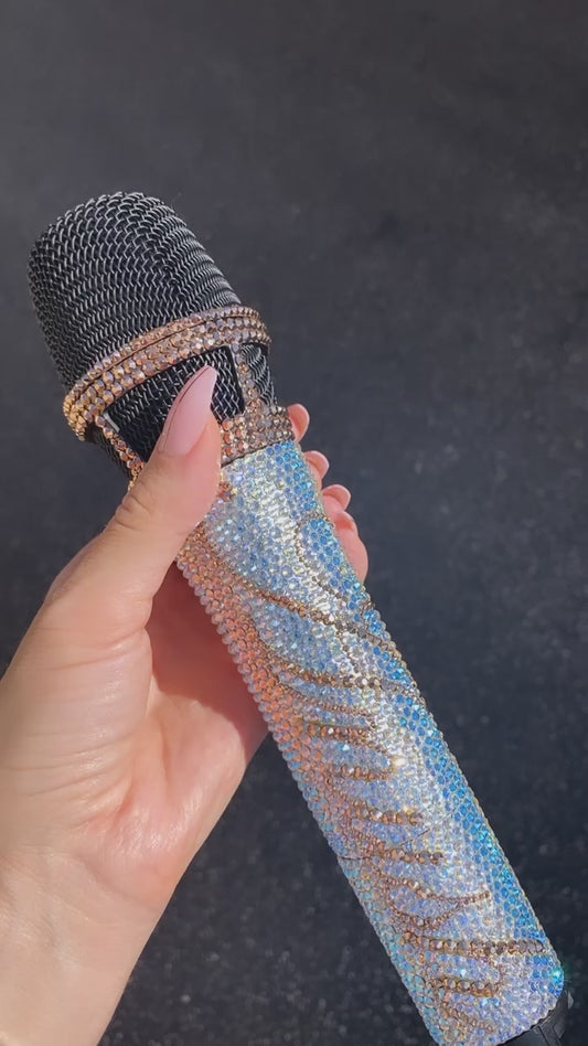 Video of sparkling microphone custom crystallized in Crystal Shimmer and Rose Gold Austrian Crystals