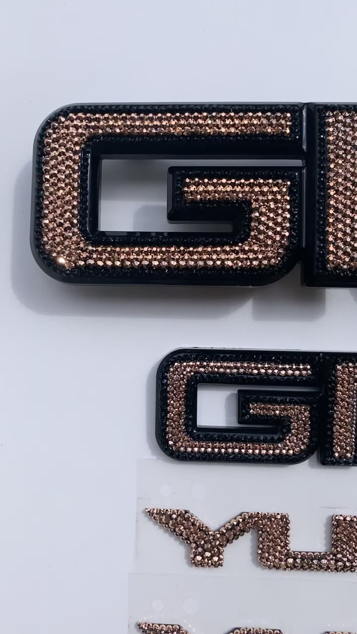 Video or Rose Gold GMC Yukon SLT Emblems Set Bedazzled with Swarovski Crystals