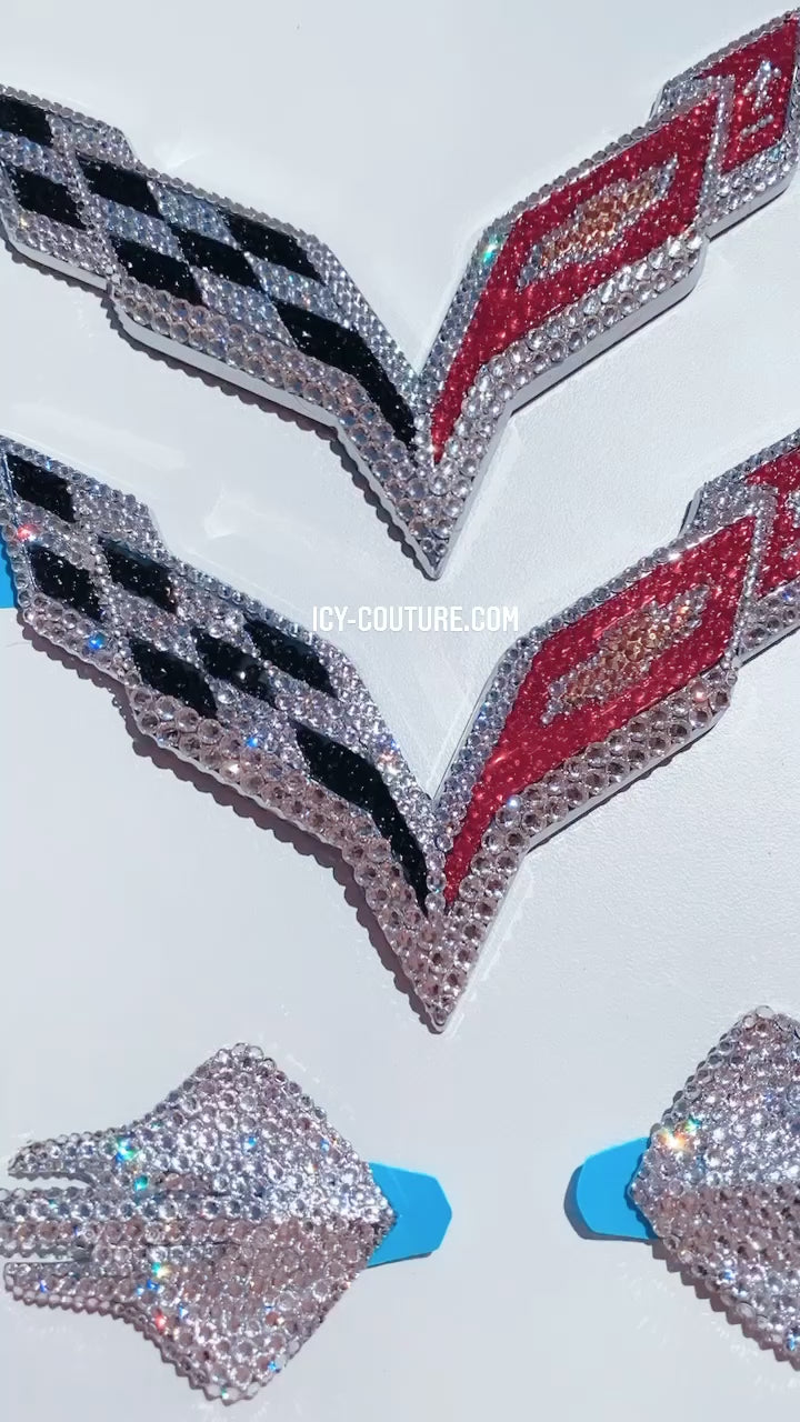 Watch Video of sparkling Corvette Stingray Replacement Emblems Set Custom Crystallized by ICY Couture with Swarovski Crystals