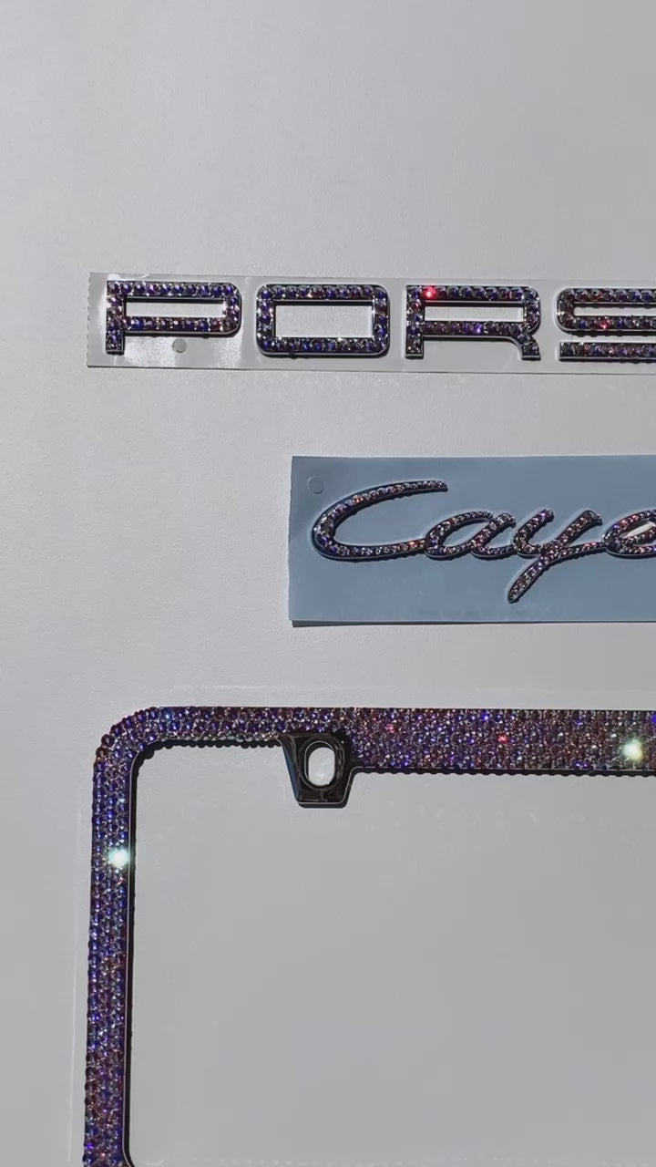 Video of Porsche Cayenne Emblems with Matching Bling License Plate Frame Bedazzled with Crystal AB Swarovski