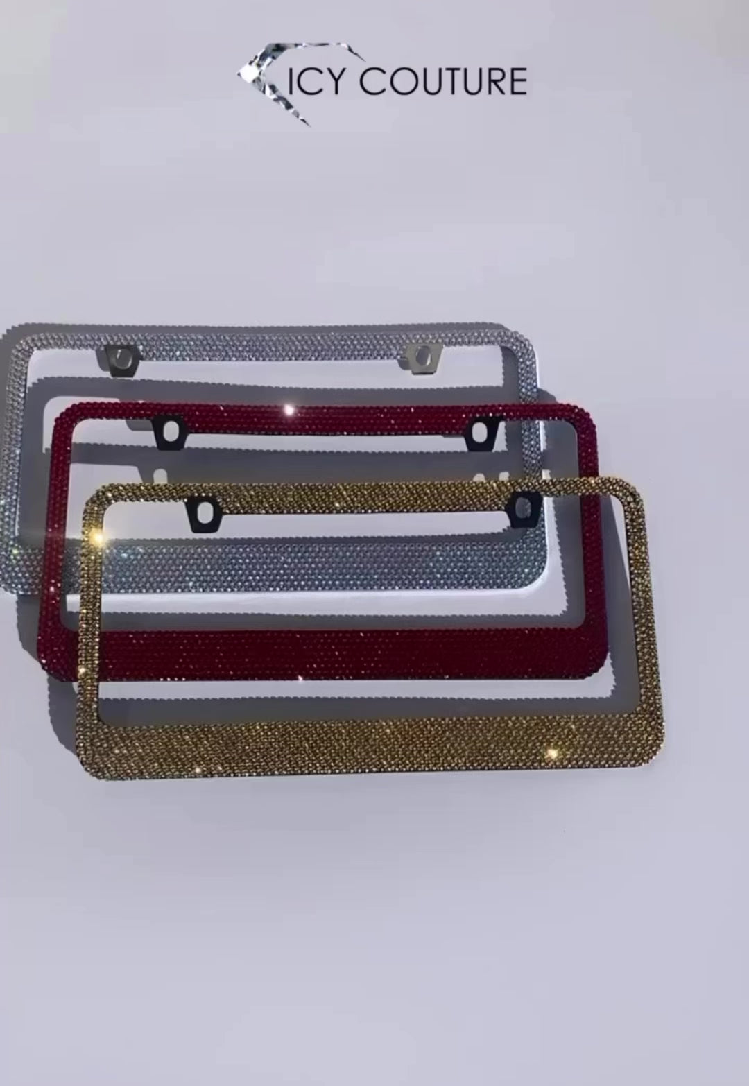 Video of Crystal License Plate Frames: Crystal Shimmer, Siam, 24K Gold Aurum - Austrian Crystals.