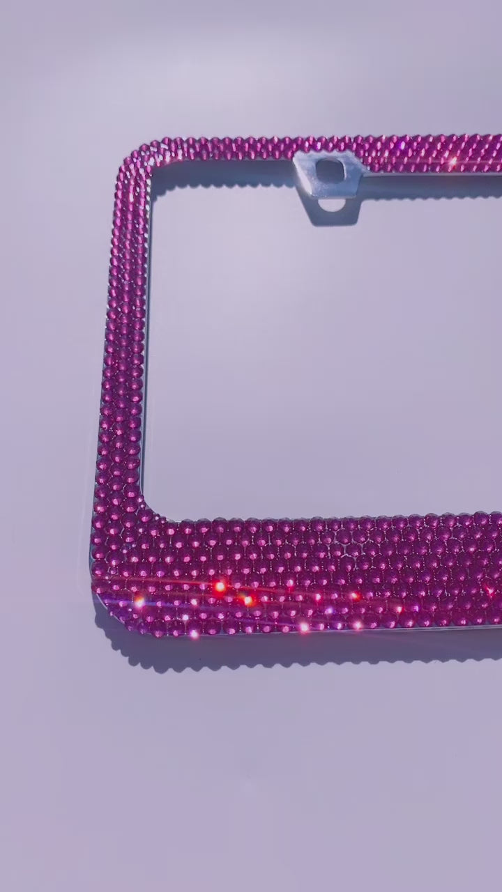 Video of Rose Pink Bling License Plate Frame Bedazzled with Premium Glass Rhinestones