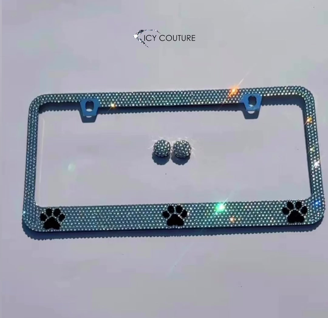 Premade Crystal Paw Print License Plate Frame In Diamond Clear | Bling Car Accessory For Dog Moms, Pet Lovers, Unique Gifts By ICY Couture