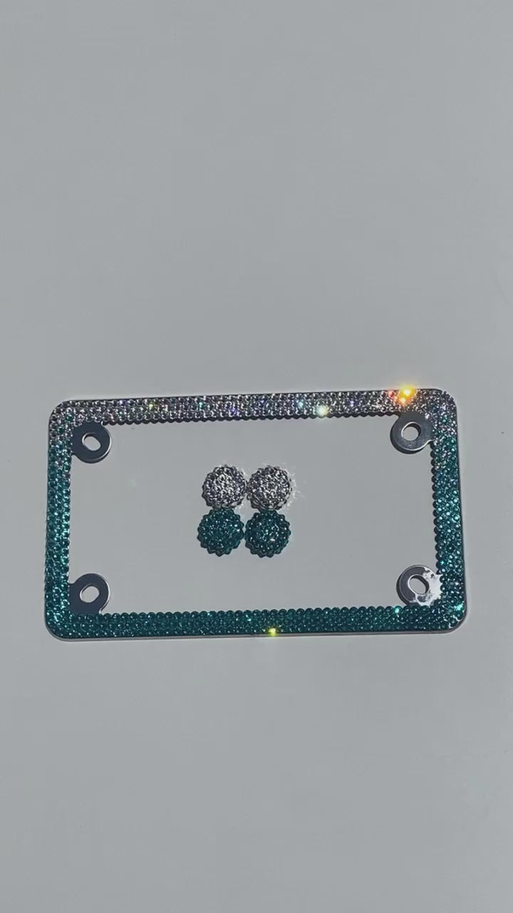 Video of Sparkling Motorcycle License Plate Frame Crystallized by ICY Couture with Swarovski Crystals in Vertical Ombre: Diamond Clear, Light Turquoise, Blue Zircon