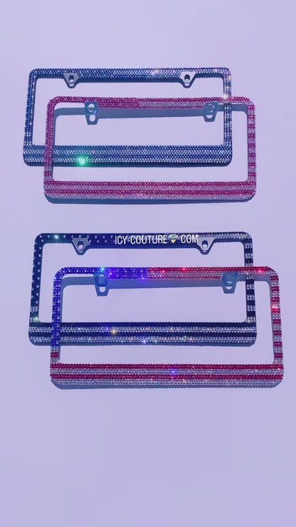 Video of various colors American Flag rhinestones license plate frame, crystallized by ICY Couture: Pink Theme, Purple Theme, Black and White, Original Colors