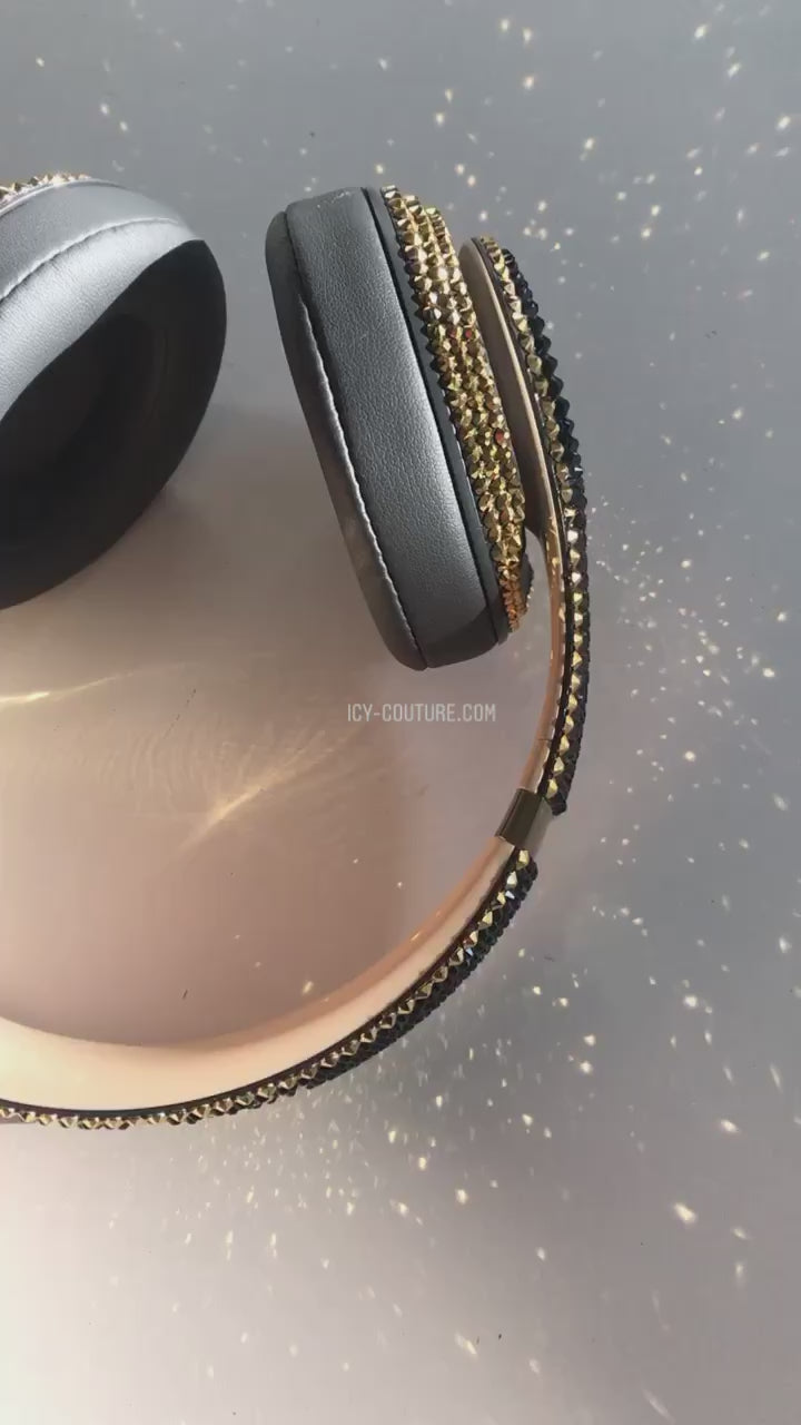 Watch video of sparkling Black & Gold Bedazzled Bling Studio Beats Rhinestone Headphones custom crystallized with Swarovski Crystals by ICY Couture