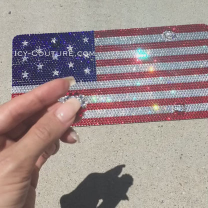 Video of Sparkling Swarovski Crystals License Plate Frame Crystallized in American Flag Design