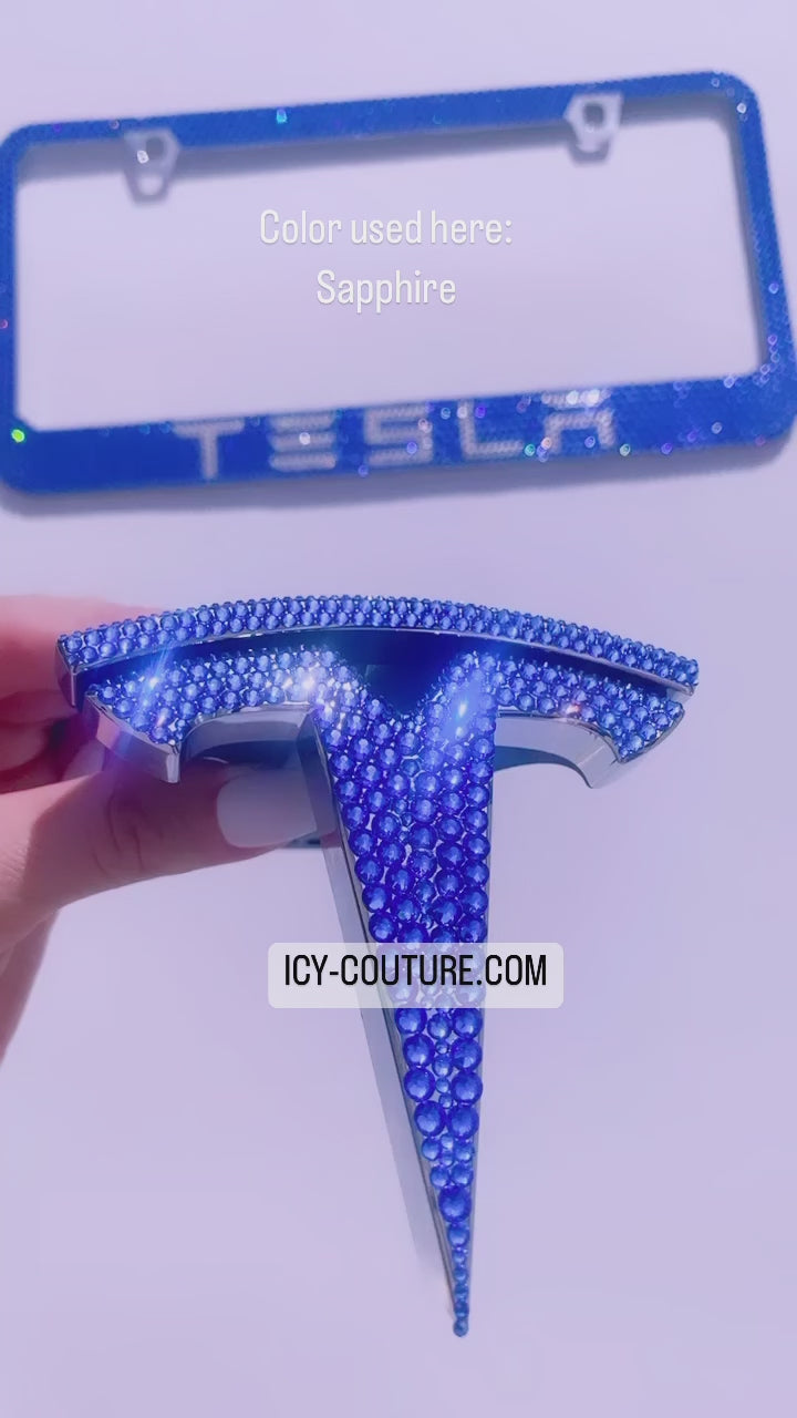 Sparkling Sapphire Tesla Emblem Set with Matching Crystal Tesla License Plate Frame, Crystallized by ICY Couture.