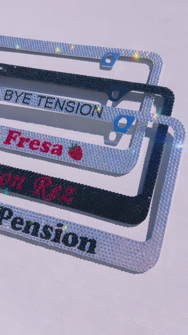 Video of Bye Tension, Hello Pension, Sabor Fresa Custom Message Bling License Plate Frames bedazzled with Swarovski Crystals