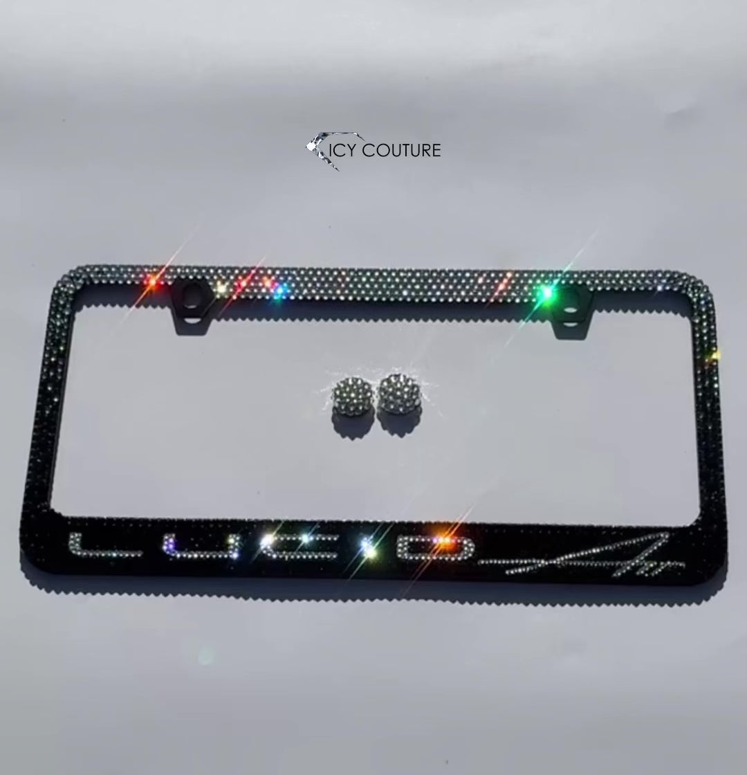 Video of Sparkling Crystallized 'Lucid Air' License plate frame featuring Black Diamond Ombre Design with Swarovski Crystals Custom Bedazzled by ICY Couture.