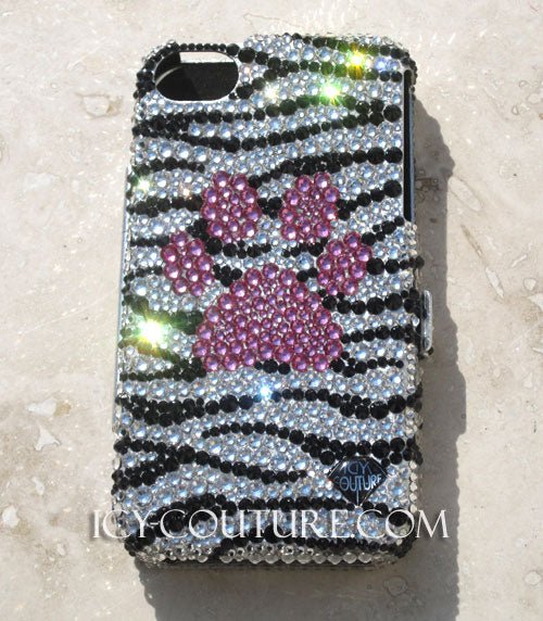 Zebra Print & Paw Icy Couture Luxury Bedazzled Phone Cover Design Crystallized with Swarovski Crystals