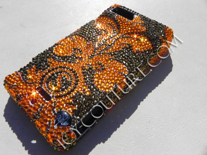 Orange Damask with Initial Icy Couture Luxury Bedazzled Phone Cover Design Crystallized with Swarovski Crystals