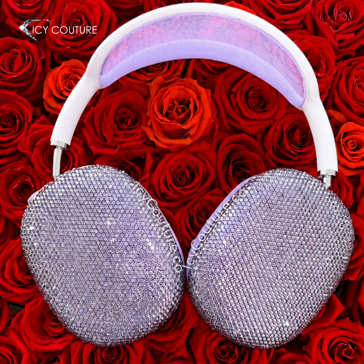 Purple Apple AirPods Max headphones with Tanzanite Swarovski Crystal ear covers by ICY Couture, custom hand-crystallized for luxury personalized headphones, romantic gifts, and high-end bling accessories.