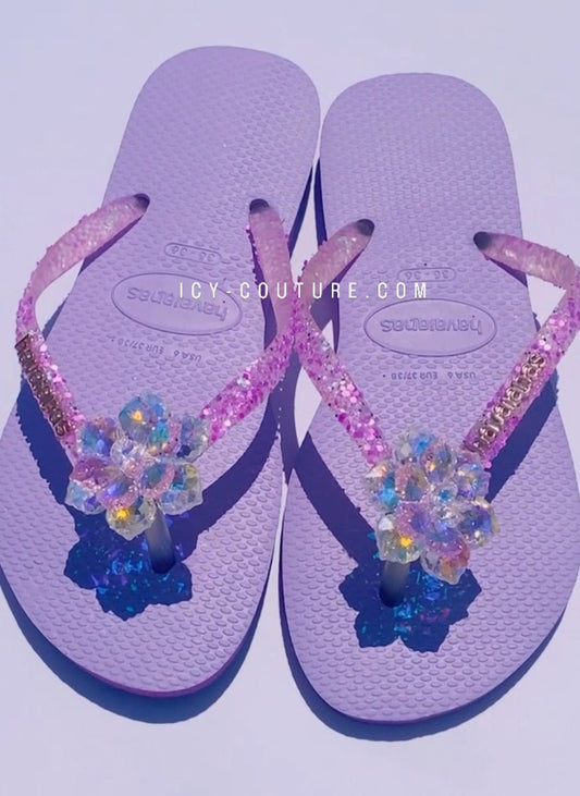 Purple Glitter Strap Havaianas Flip-Flops with XL Crystal Hawaiian Flower - ICY Couture