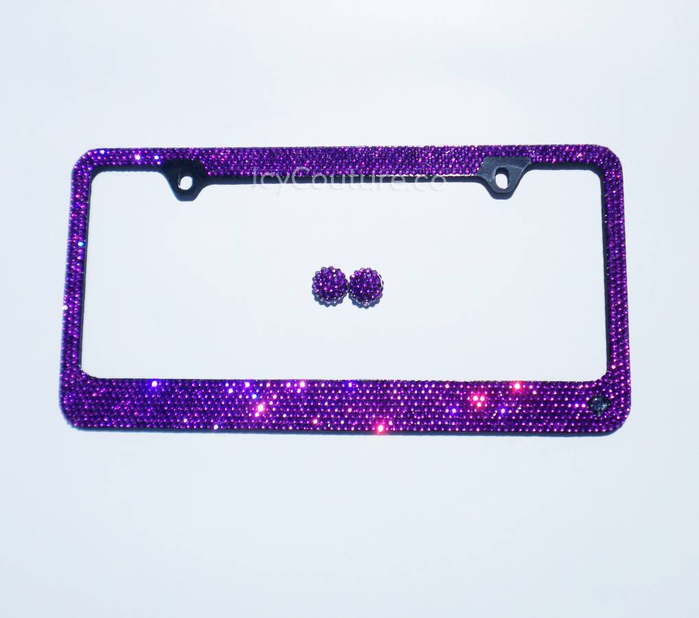 Purple on Black Crystal Bling License Plate Frame: Various Purple Colors - ICY Couture