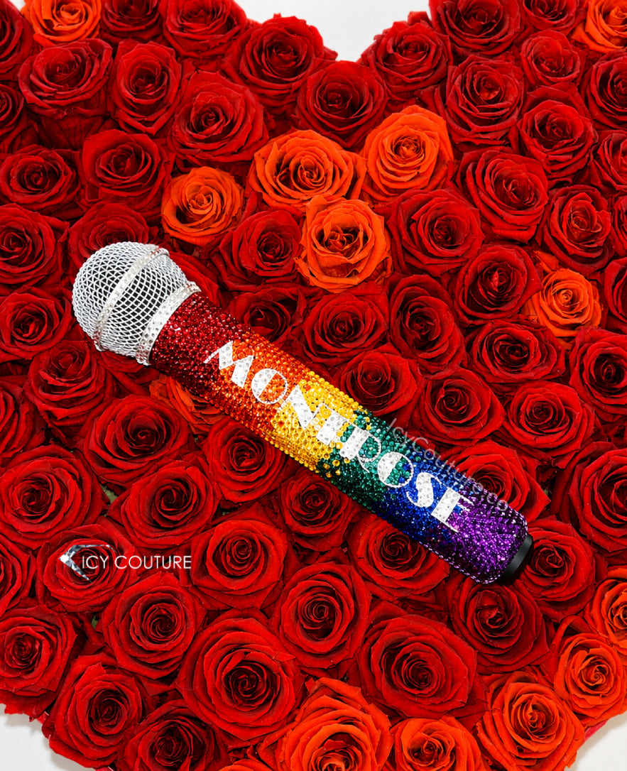 Custom Rainbow Crystal Monroe Microphone By ICY Couture, Hand-Crystallized Bling Microphone With Name Design For Singers, Performers And Luxury Stage Gifts.