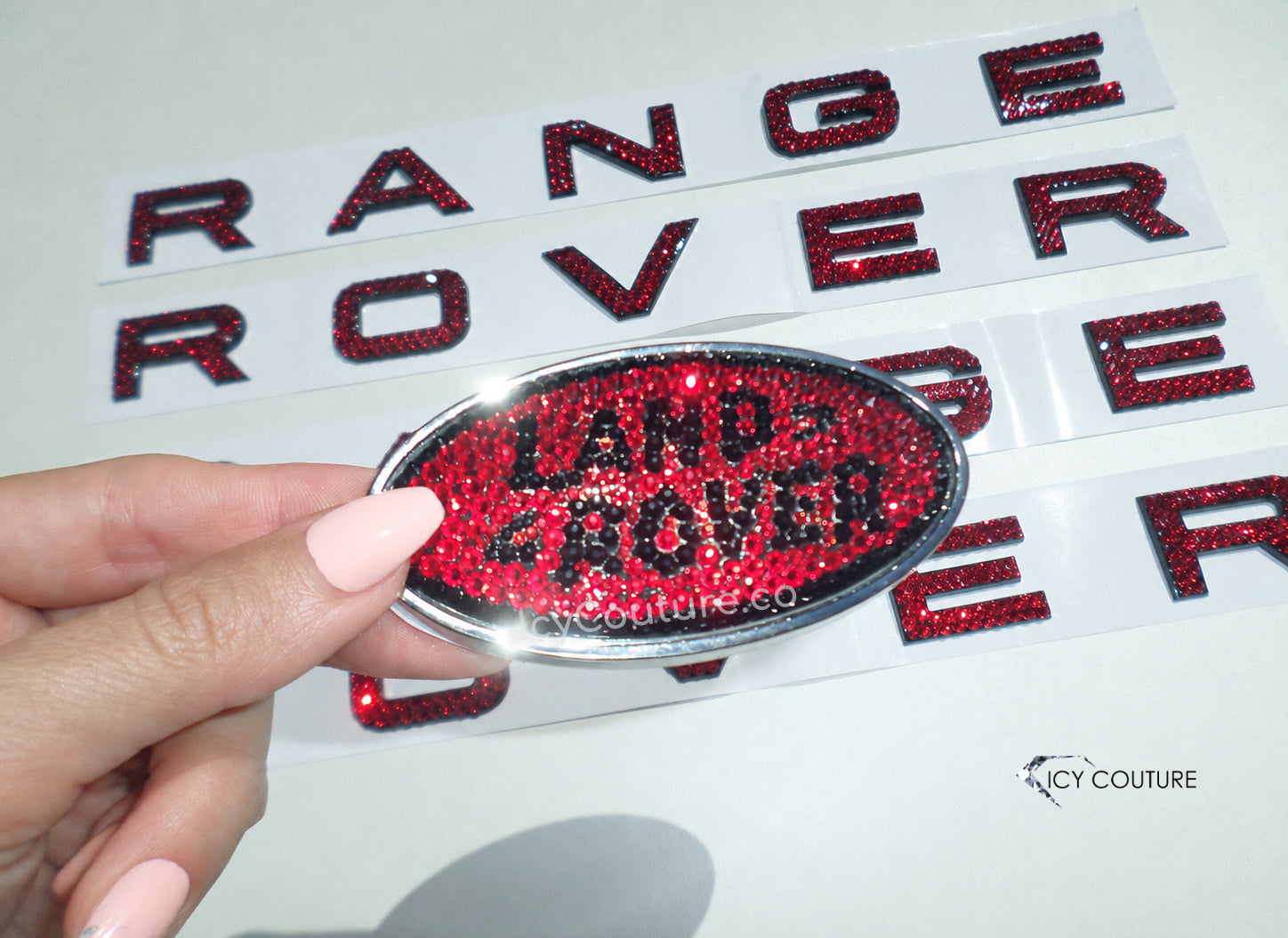 Range Rover Letters with Land Rover Emblem Set Customized with Red Swarovski Crystals by ICY Couture