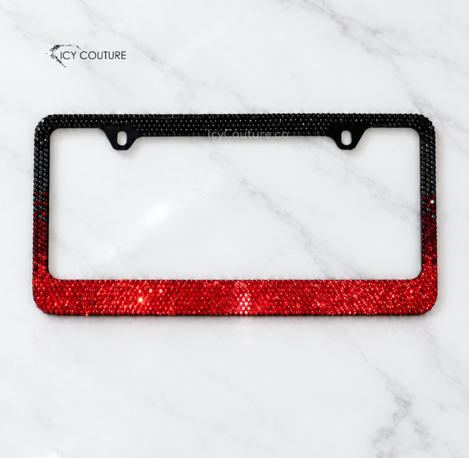 Black to red ombre crystal license plate frame by ICY Couture, hand-crystallized for luxury car gifts and custom automotive accessories