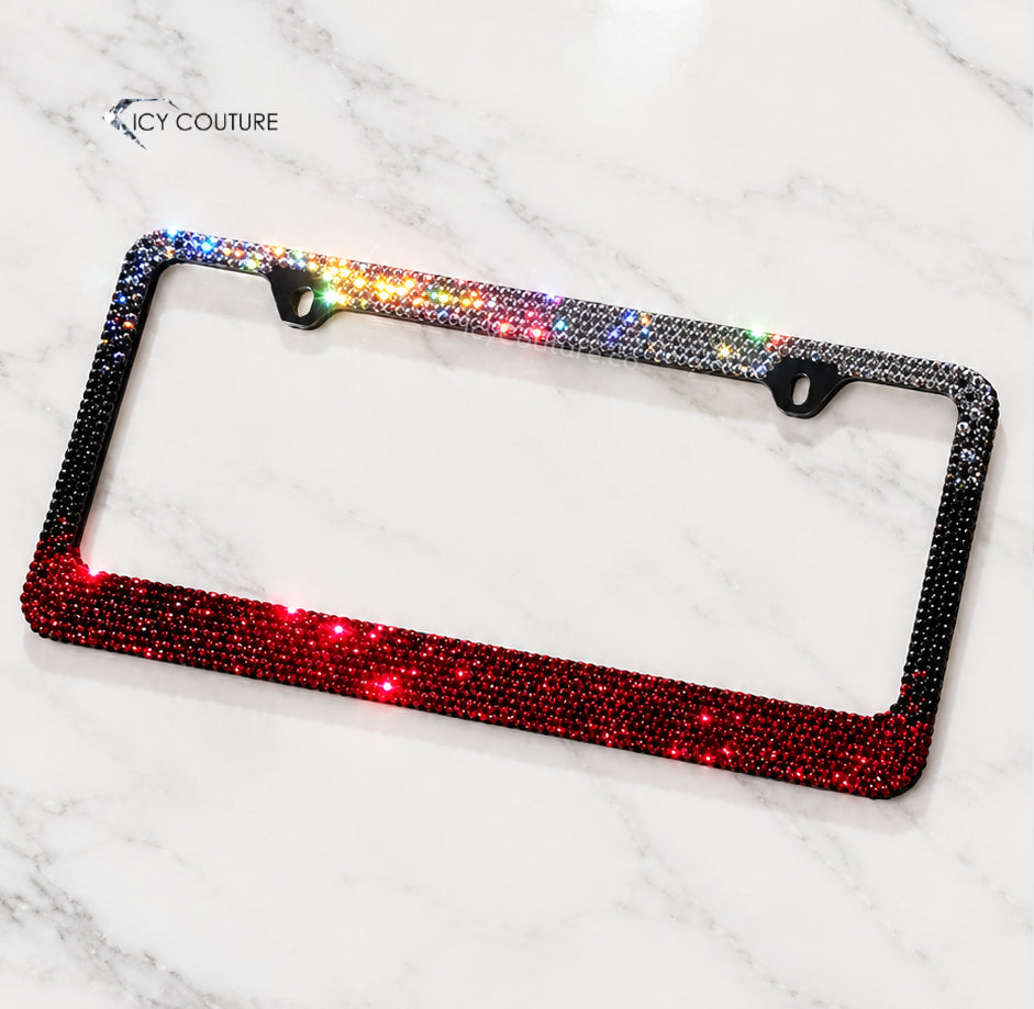 Clear to red ombre crystal license plate frame by ICY Couture designer car jewelry for luxury gifting 
