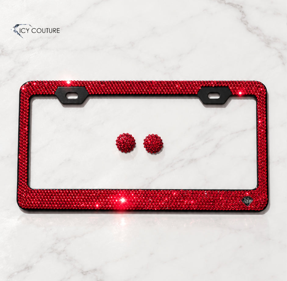 Light Siam Crystal License Plate Frame crystallized in red Swarovski on a black metal license plate frame with matching bling screw caps  by ICY Couture