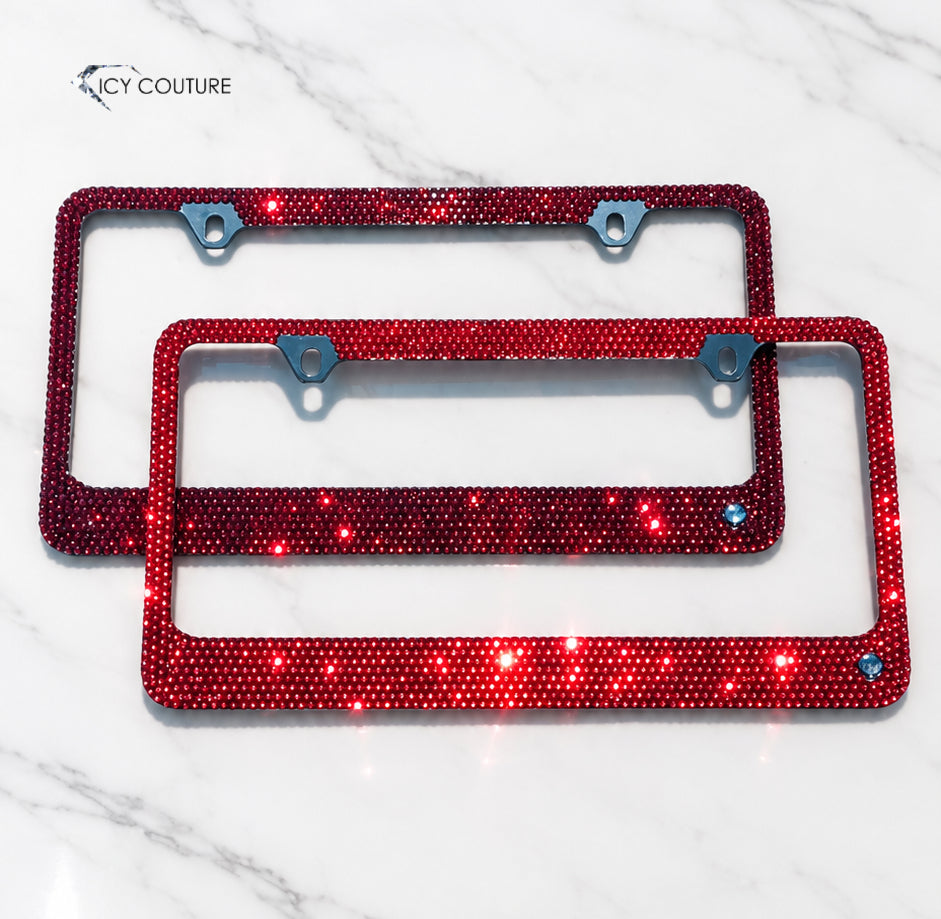 Red Swarovski crystal license plate frames by ICY Couture, hand-crystallized in Siam and Light Siam luxury car accessories for custom bling gifts.
